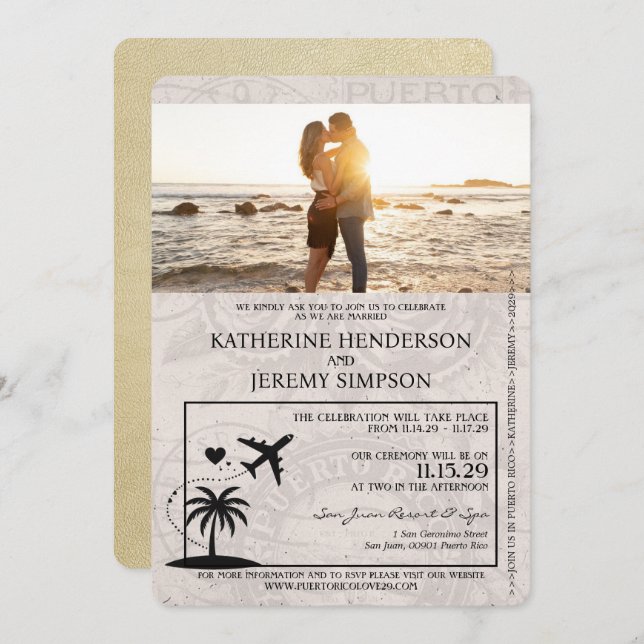 Champagne Puerto Rico Passport Wedding Invitation (Front/Back)