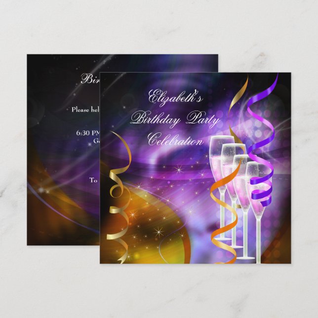 Champagne Purple Gold Abstract Birthday Party Invitation (Front/Back)