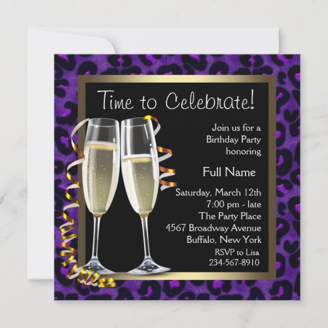 Champagne Purple Leopard Birthday Party Invitation (Front)