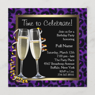 Champagne Purple Leopard Birthday Party Invitation