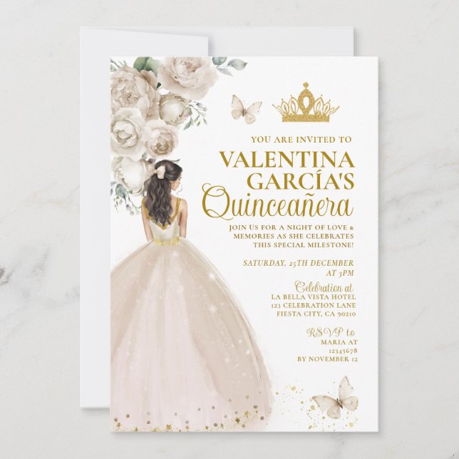Champagne Quinceañera 15 Anos Flowers Gold Crown Invitation (Front)