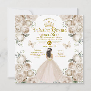 Champagne Quinceañera 15 Anos Flowers Gold Crown Invitation