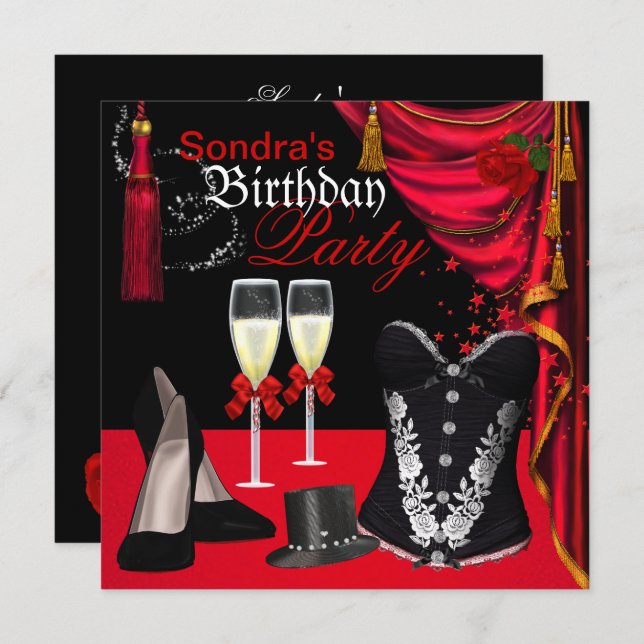 Champagne Red Black Corset Shoes Tophat Invitation (Front/Back)