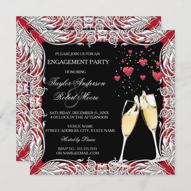 Champagne Red Heart Engagement Party Invitation (Front/Back)