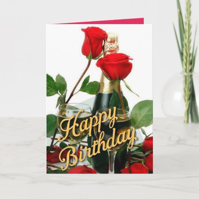 Champagne & Red Roses Birthday Card (Front)