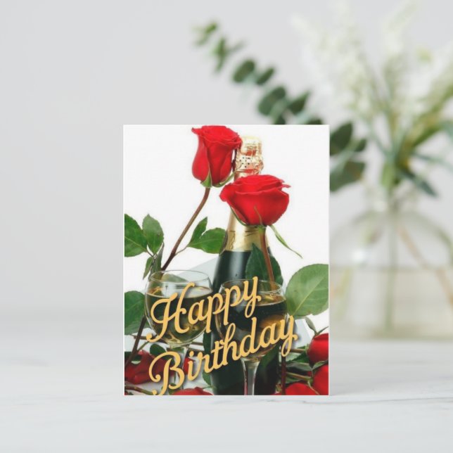 Champagne & Red Roses Birthday Post Card (Standing Front)