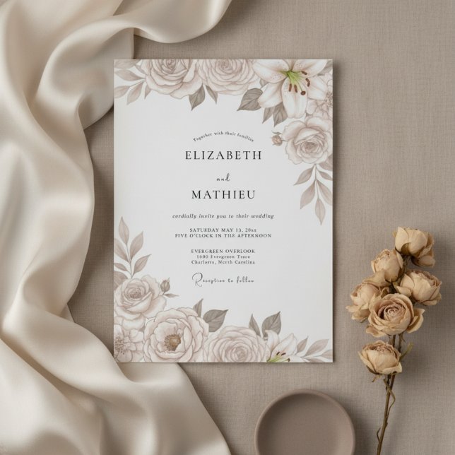 Champagne Refined Floral Wedding Invitation (Creator Uploaded)
