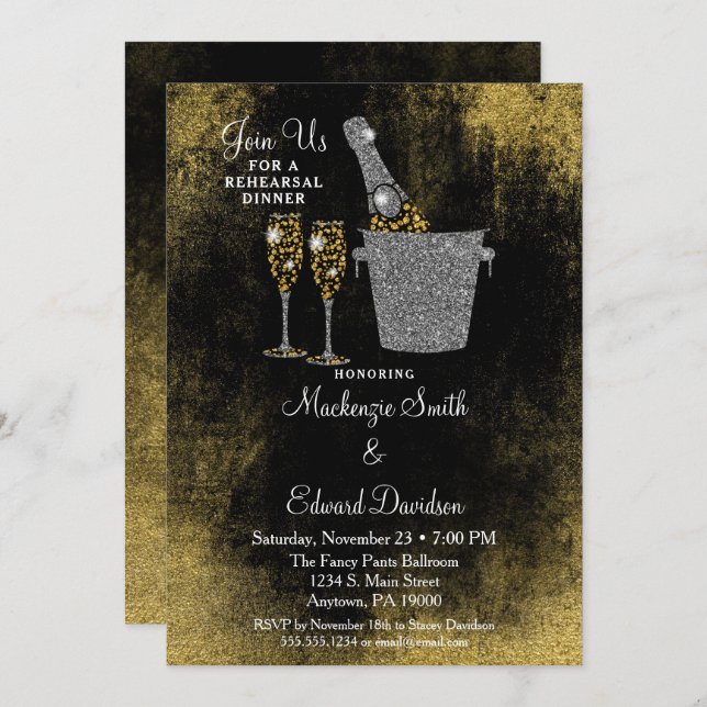 Champagne Rehearsal Dinner Invitation Black Gold (Front/Back)