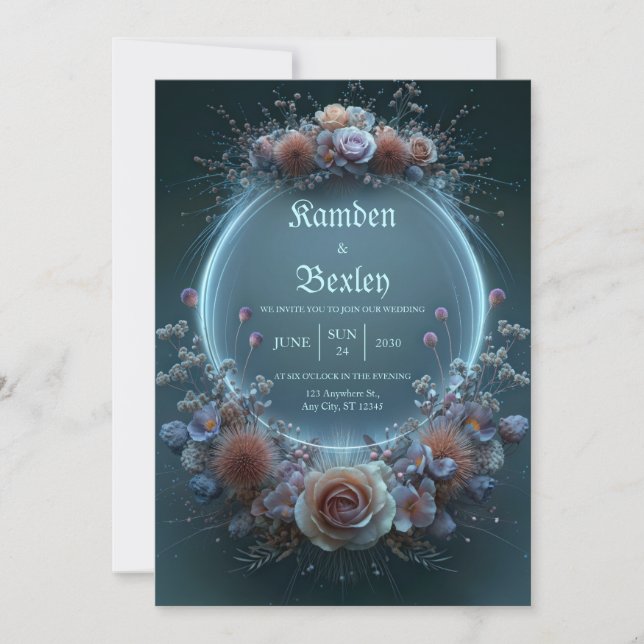 Champagne Rose Celestial Neon Garden Wedding Invitation (Front)