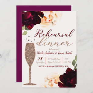 Champagne Rose Gold Floral Rehearsal Dinner Invitation