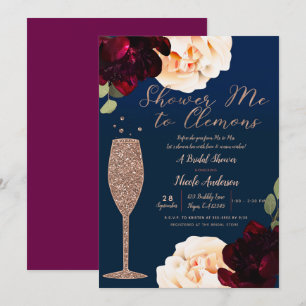 Champagne Rose Gold Navy Blue Floral Bridal Shower Invitation