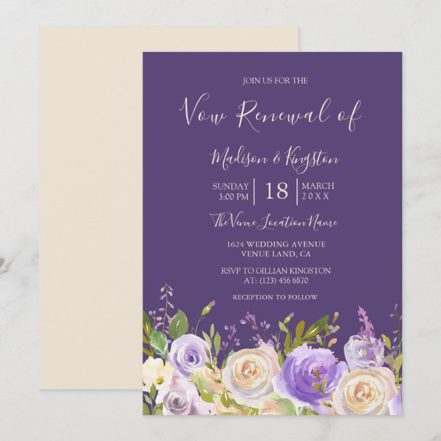 Champagne Rose Purple Flowers Vow renewal invite (Front/Back)