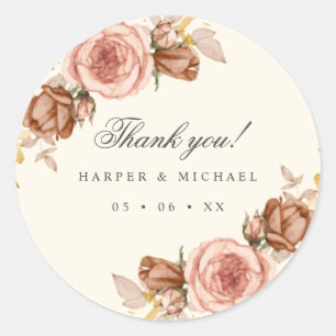 champagne roses ivory blush pink wedding thank you classic round sticker