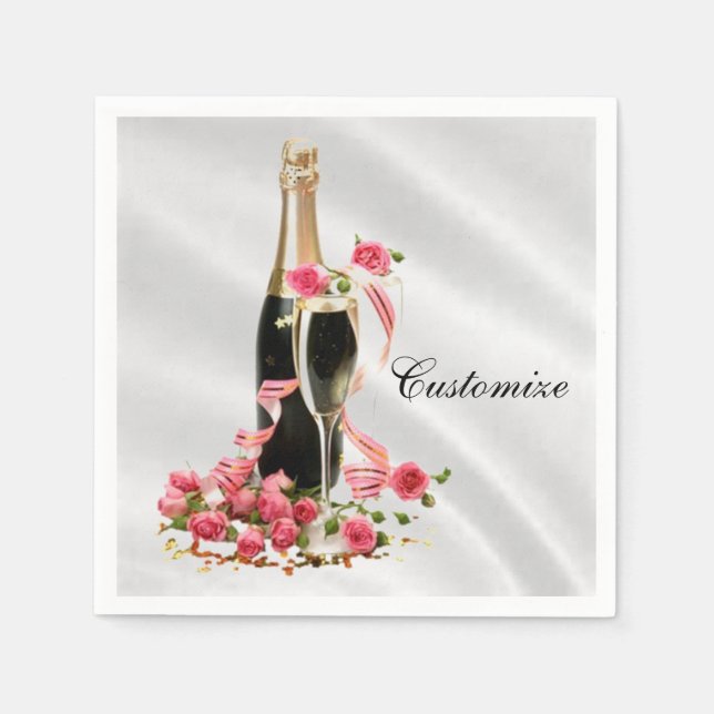 Champagne & Roses White Satin Napkins (Front)