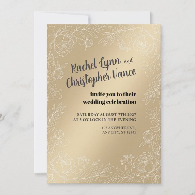Champagne Satin Botanical Wedding Invitation (Front)
