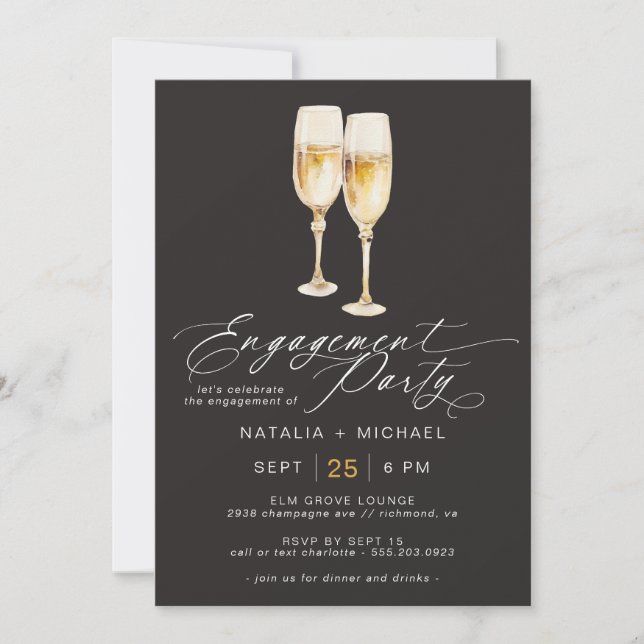 Champagne Script | Elegant Black Engagement Party Invitation (Front)