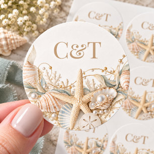 Champagne Seashell Coastal Wedding Monogram Classic Round Sticker