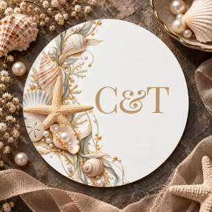 Champagne Seashell Coastal Wedding Monogram Classic Round Sticker