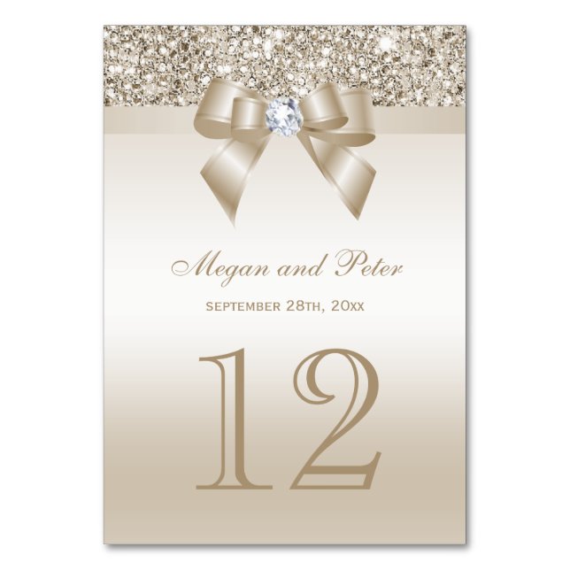 Champagne Sequins Bow Wedding Table Number Cards (Front)