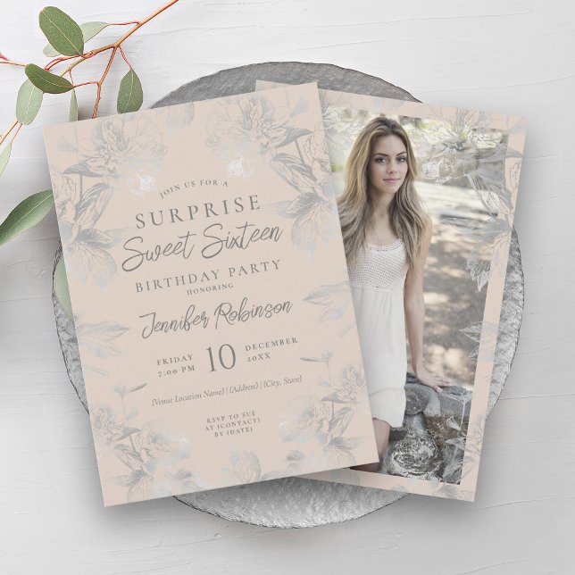 Champagne Silver Floral Photo SURPRISE Sweet 16   Invitation (Champagne Silver Floral Photo SURPRISE Sweet 16 Invitation)