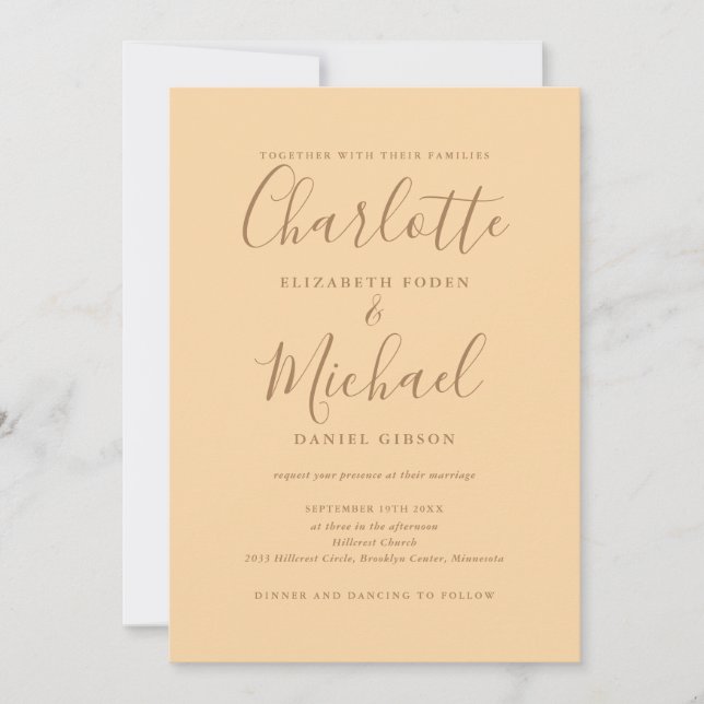 Champagne Simple All In One Chic Script Wedding Invitation (Front)