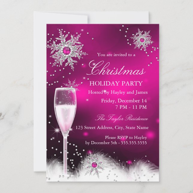 Champagne Snowflake Christmas Holiday Party pink Invitation (Front)