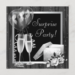 Champagne Sparkles Black White Surprise Party Invitation