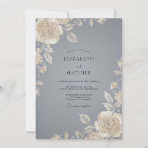 Champagne Steel Grey Rose Wedding Invitation