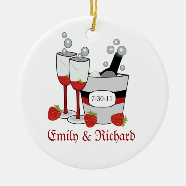 Champagne & Strawberries Bridal Shower Date Ceramic Ornament (Front)