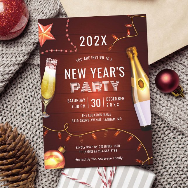 Champagne String Lights New Year's Party Invitation (Creator Uploaded)