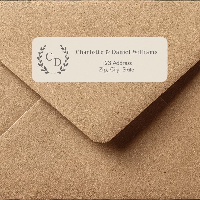 Champagne taupe monogrammed wreath return address label (Creator Uploaded)