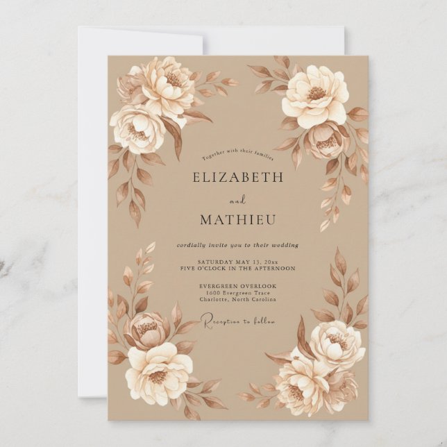 Champagne Taupe Peony Wedding Invitation (Front)