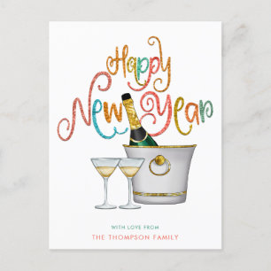 Champagne Teal Coral Gold Glitter Happy New Year Holiday Postcard