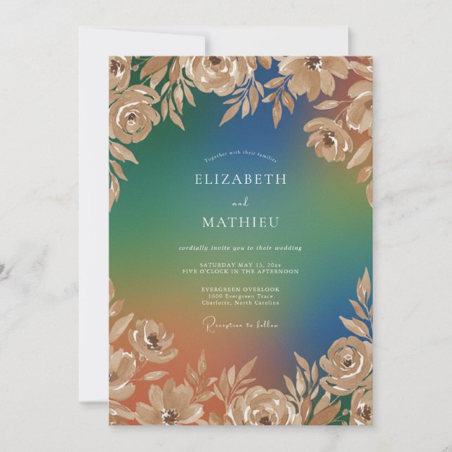 Champagne Teal Leaf Wedding Invitation (Front)