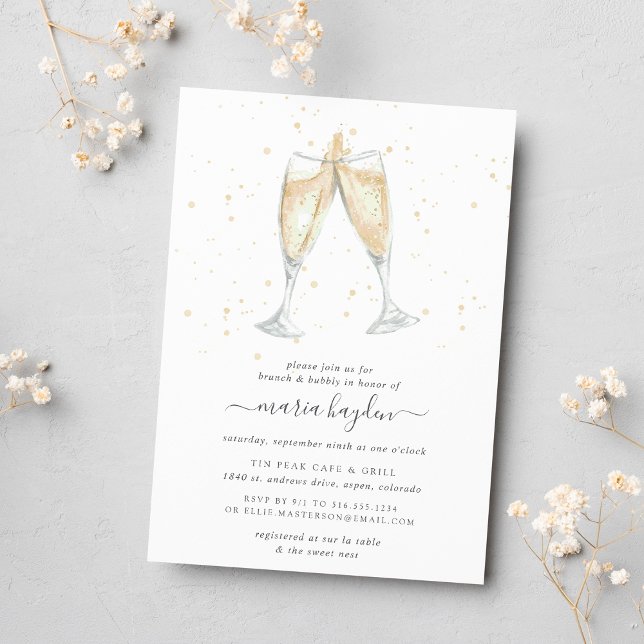 Champagne Toast | Brunch & Bubbly Bridal Shower Invitation (Professionally printed, elegant champagne themed bridal shower brunch invitations)