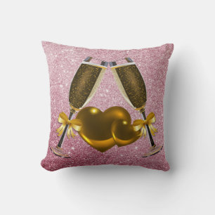 Champagne Toast Double Hearts Pink Faux Glitter Cushion