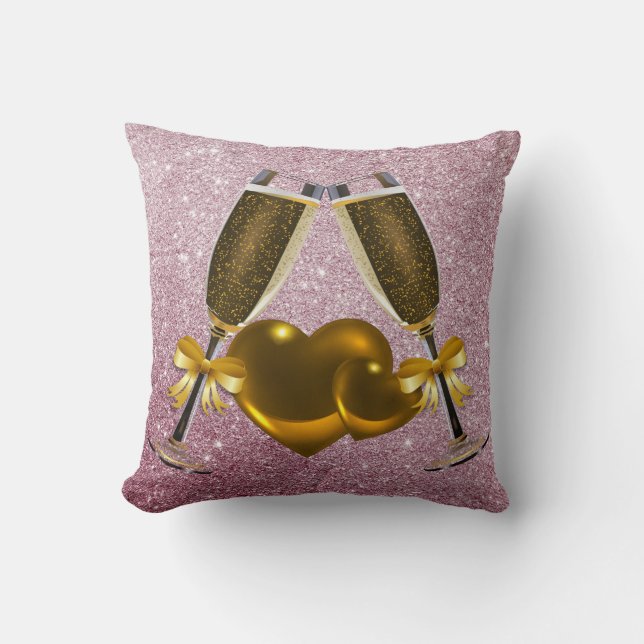 Champagne Toast Double Hearts Pink Faux Glitter Cushion (Front)