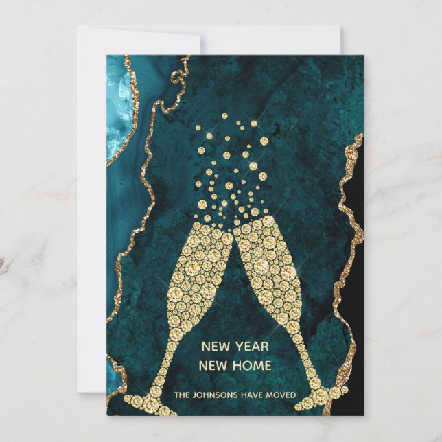 Champagne Toast New Year New Home Teal Gold Holiday Card (Front)