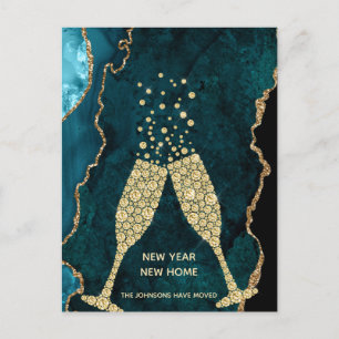 Champagne Toast New Year New Home Teal Gold Holiday Postcard