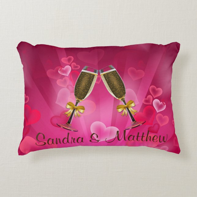 Champagne Toast Pink Hearts Decorative Cushion (Front)