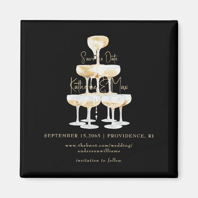 Champagne Tower Black & Gold Wedding Save the Date Magnet (Front)
