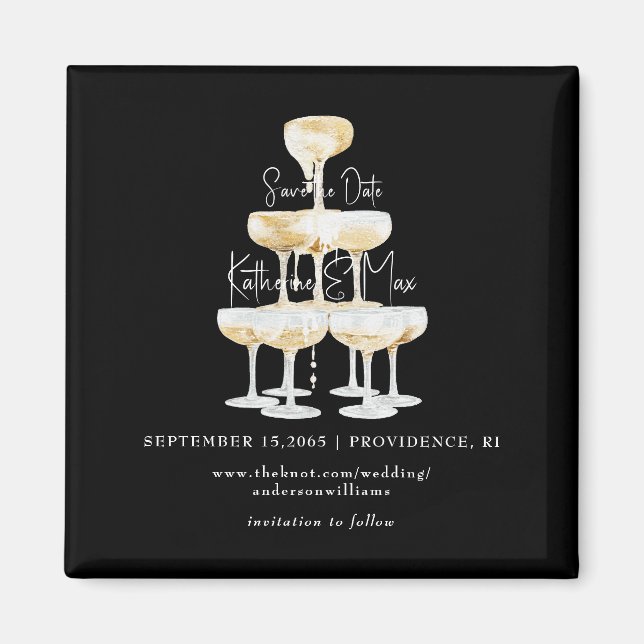 Champagne Tower Black Wedding Save the Date Magnet (Front)