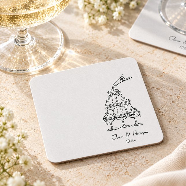 Champagne Tower Doodle Wedding Script Names Square Paper Coaster (Creator Uploaded)