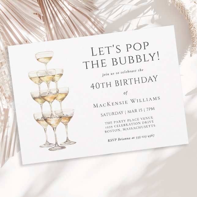 Champagne Tower Elegant 40th Birthday Party Invitation (Available in both printed and instant download digital formats.)