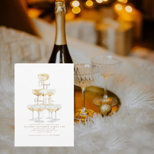 Champagne Tower Gold and White Engagement  Invitation