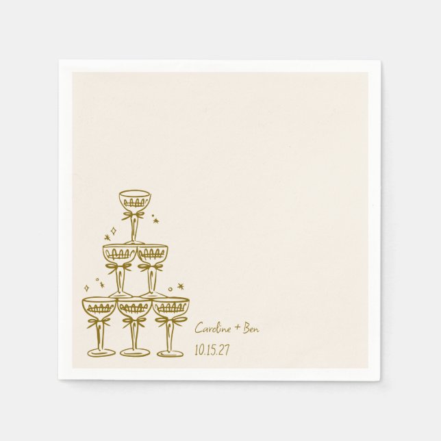 Champagne Tower Gold Handwritten Monogram Wedding Napkin (Front)