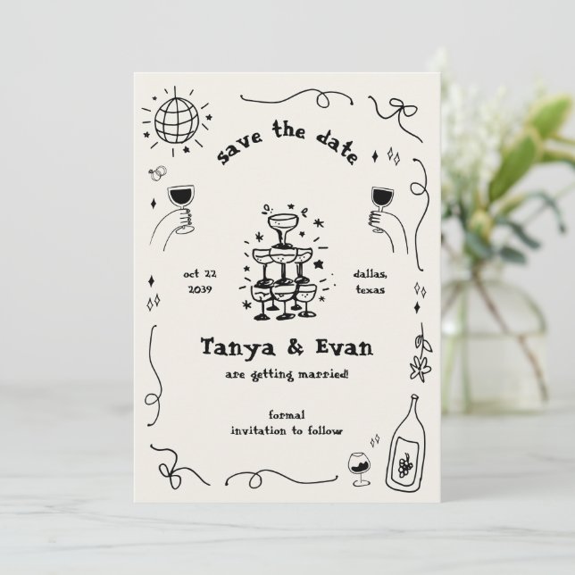 Champagne Tower Hand Drawn Fun Disco Wedding Save The Date (Standing Front)