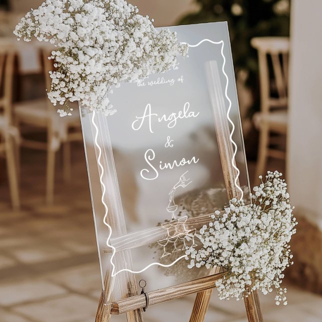 Champagne Tower Wavy  Acrylic Wedding Welcome Sign (wavy champagne tower acrylic wedding welcome sign with hand drawn illustration, white text)