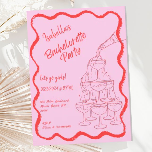 Champagne Tower Wavy Hand Drawn Bachelorette Party Invitation (Creator Uploaded)