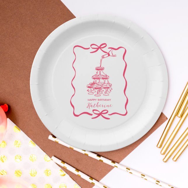 Champagne Tower White Hand Drawn Birthday Party Paper Plate (Creator Uploaded)